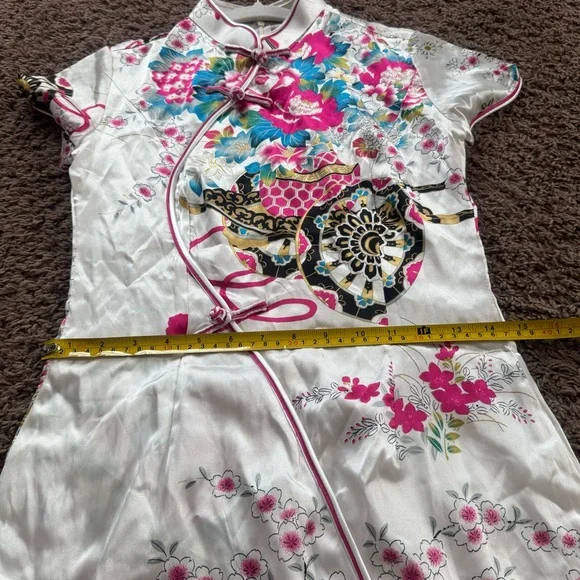 Asian Style TUNIC DRESS 100% Silk Fan Floral Pattern Made In Vietnam XS S M - Picture 8 of 11